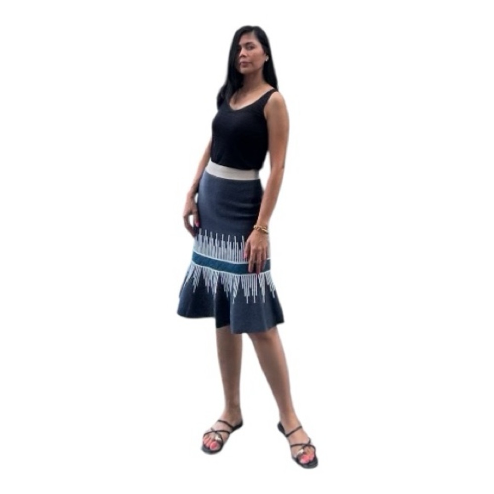 Gray‎ Knit Geometric Intarsia Flounce Hem Midi Skirt Teal Zip Back Size Small